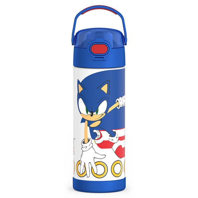 16-ounce Funtainer Stainless Steel Water Bottle with Spout and locking lid, front view, Sonic the Hedgehog, Blue.