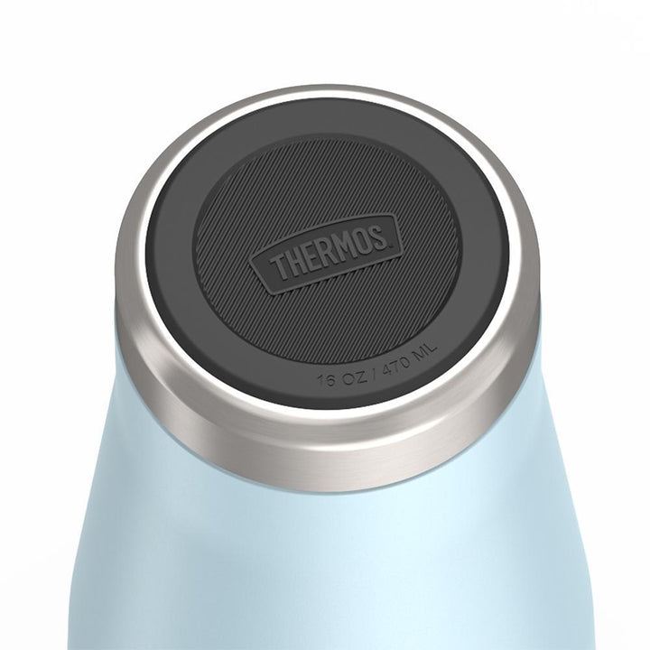 Thermos 16 ounce Stainless Steel Tumbler with twist lock lid, base view of non-slip base, Glacier Blue.