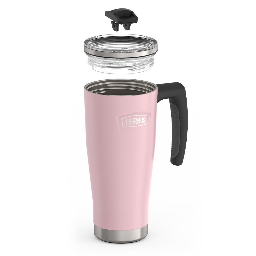 Thermos 18 ounce Stainless Steel Mug with handle and slide lock lid, leak resistant lid, components disassembled, Sunset Pink.