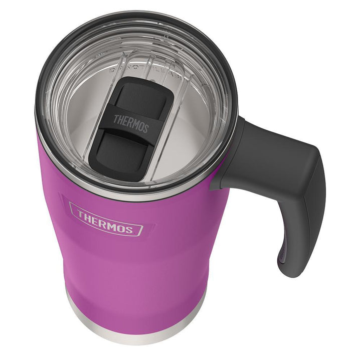 Thermos 18 ounce Stainless Steel Mug with handle and slide lock lid, top view of slide lock lid, with slide closed, Plum Purple.