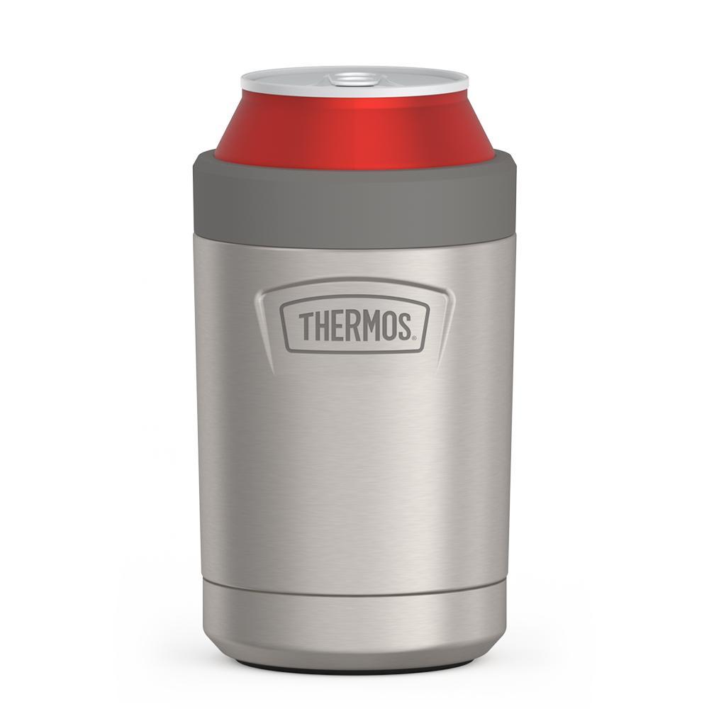 12 ounce can insulator with Quick Change retention ring to secure the can, Matte Stainless Steel, front view with can.