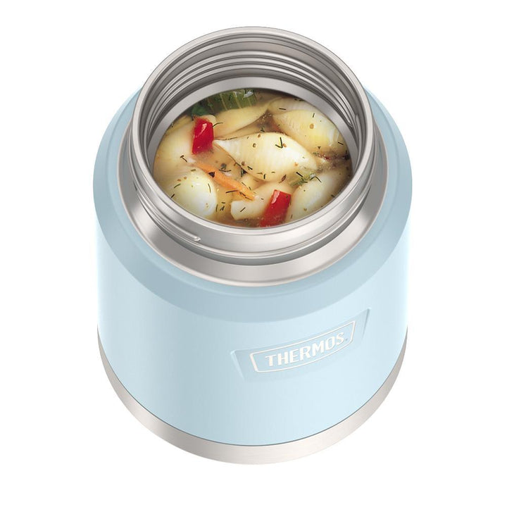 16 ounce Thermos Food Jar with stainless steel spoon, top view, lid off and soup inside, Glacier Blue.
