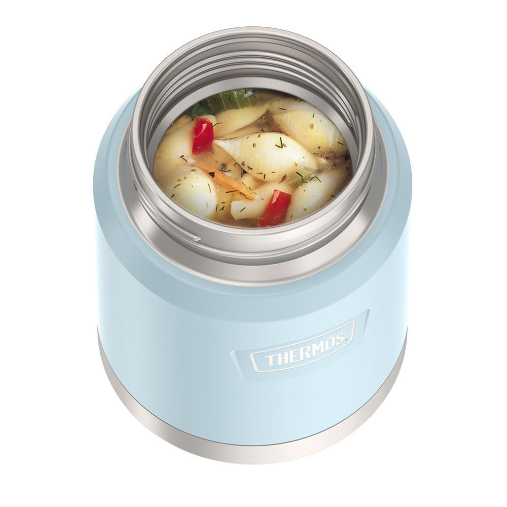16 ounce Thermos Food Jar with stainless steel spoon, top view, lid off and soup inside, Glacier Blue.
