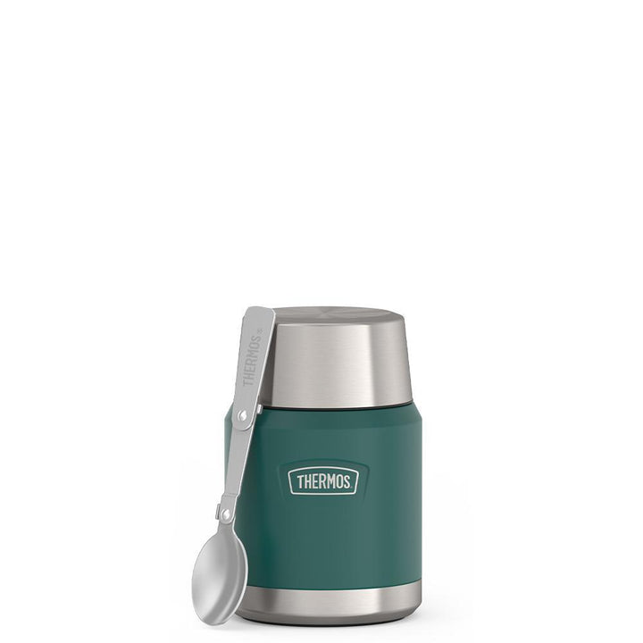 16 ounce Thermos Food Jar with stainless steel spoon, front view, spoon unfolded and leaning on the food jar, Spruce Green.