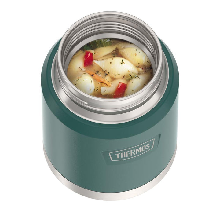 16 ounce Thermos Food Jar with stainless steel spoon, top view, lid off and soup inside, Spruce Green.