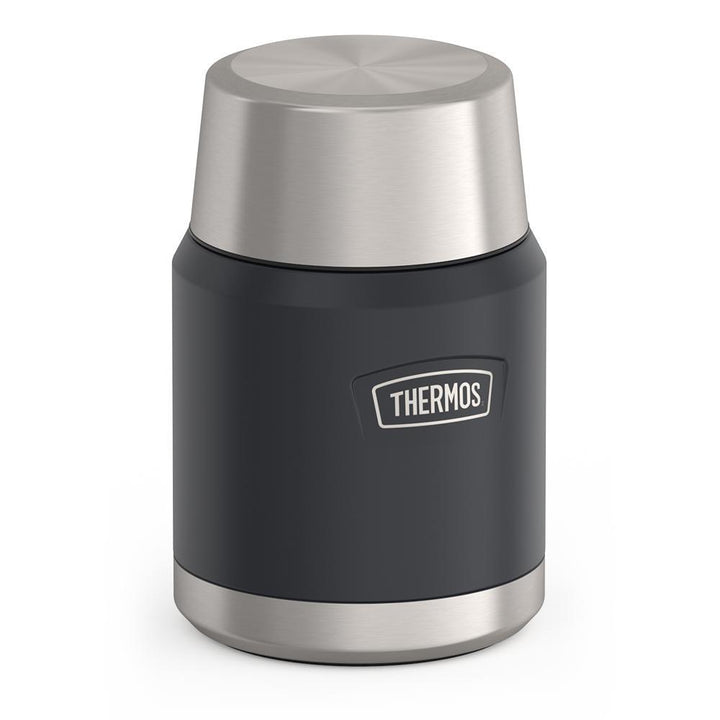 16 ounce Thermos Food Jar with stainless steel spoon, side view with lid on, Granite Black.