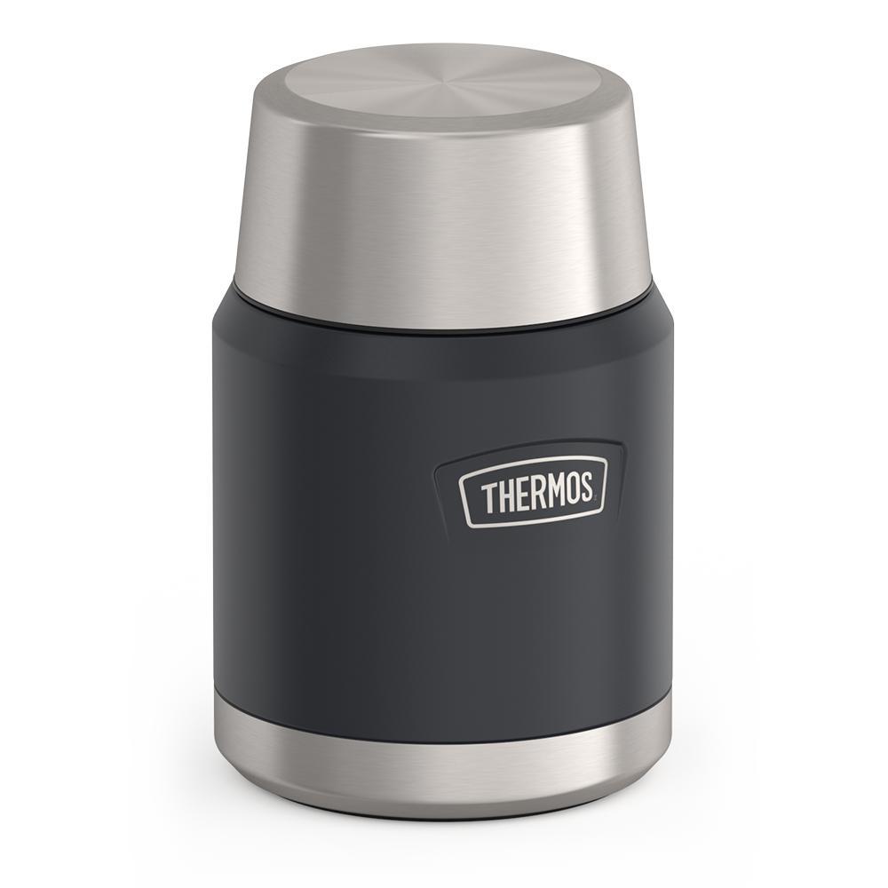 16 ounce Thermos Food Jar with stainless steel spoon, side view with lid on, Granite Black.