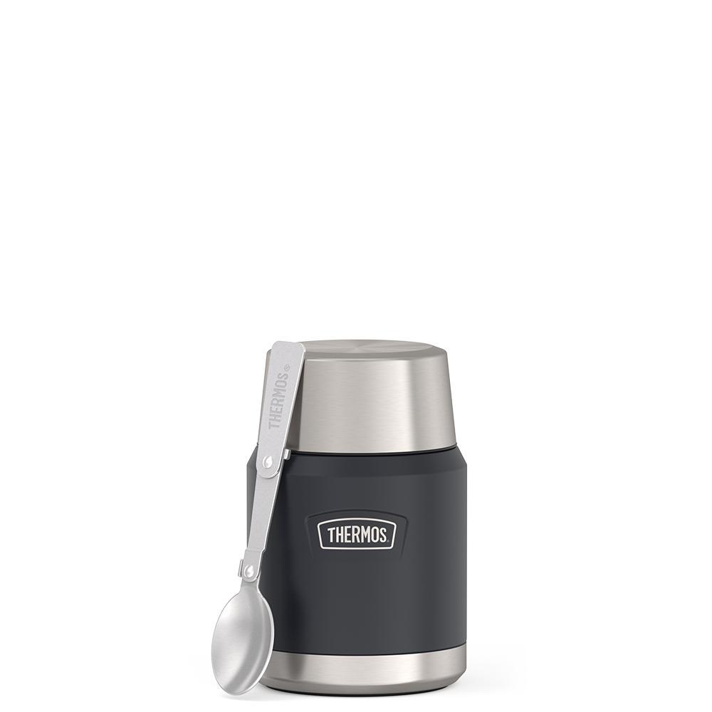 16 ounce Thermos Food Jar with stainless steel spoon, front view, spoon unfolded and leaning on the food jar, Granite Black.