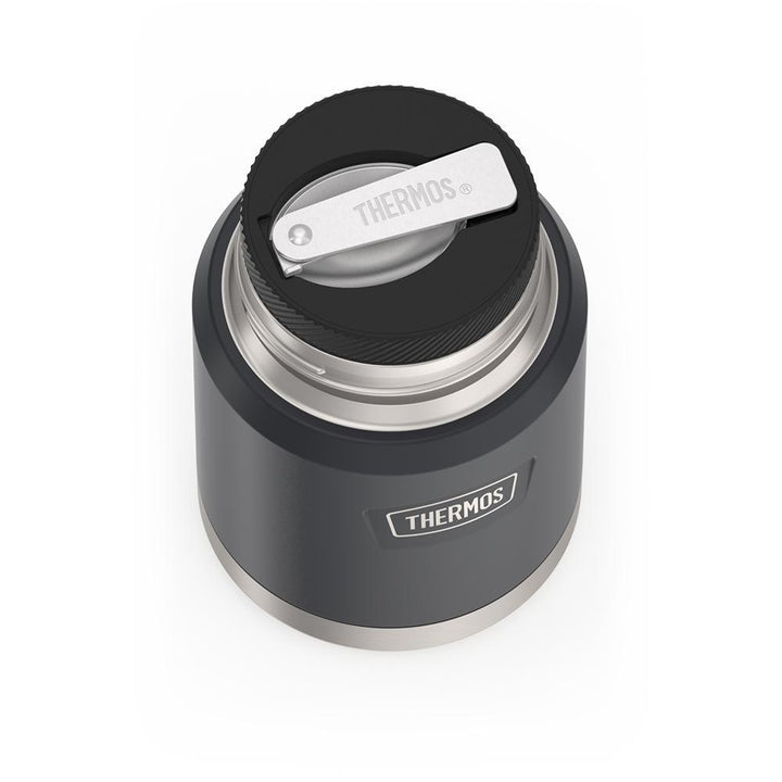 16 ounce Thermos Food Jar with stainless steel spoon, front view, spoon unfolded and leaning on the food jar, Granite Black.
