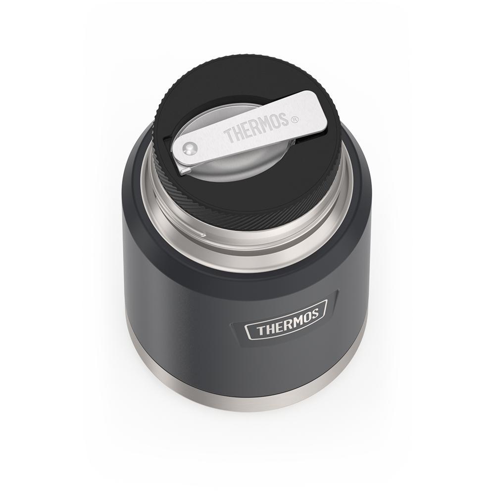 16 ounce Thermos Food Jar with stainless steel spoon, front view, spoon unfolded and leaning on the food jar, Granite Black.
