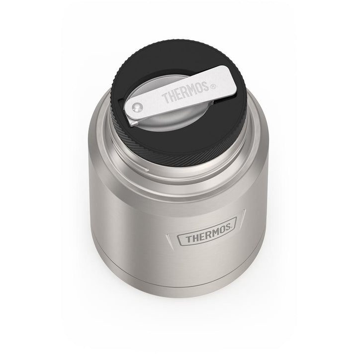 16 ounce Thermos Food Jar with stainless steel spoon, top view of spoon folded inside of spoon holder, Matte Stainless Steel.
