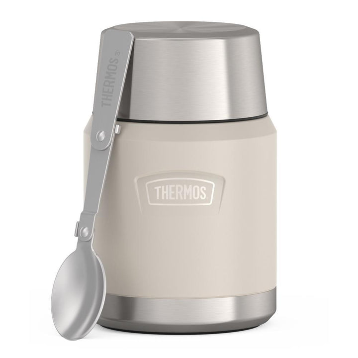 16 ounce Thermos Food Jar with stainless steel spoon, front view, spoon unfolded and leaning on the food jar, Sandstone Beige.