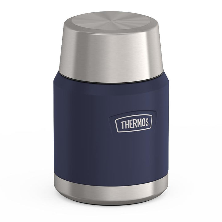 16 ounce Thermos Food Jar with stainless steel spoon, side view with lid on, Mystic Navy.