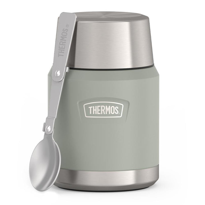 16 ounce Thermos Food Jar with stainless steel spoon, front view, spoon unfolded and leaning on the food jar, River Rock Grey.