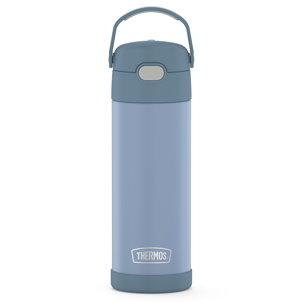 16-ounce  Funtainer Stainless Steel Water Bottle with Spout in Denim blue color, front view.